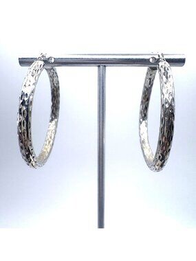 VTG Sterling Silver 925 Textured Hoop Earrings Hinged Posts Size 1.75" Length